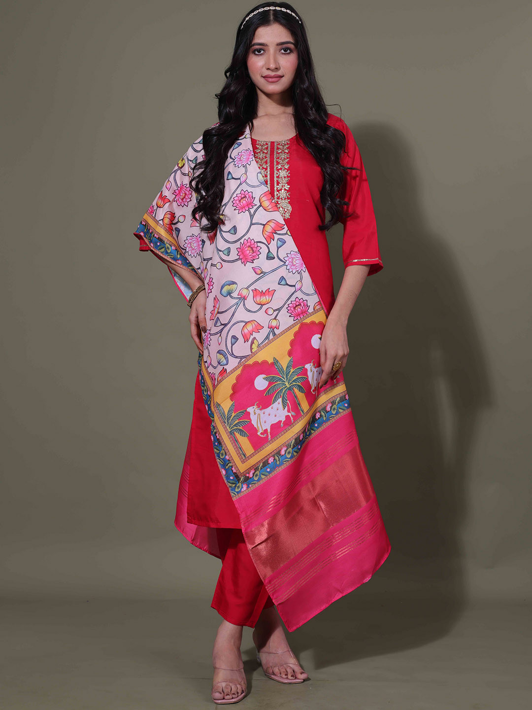 

LERIYU Floral Yoke Design Gotta Patti Chanderi Silk Straight Kurta with Trousers & Dupatta, Red
