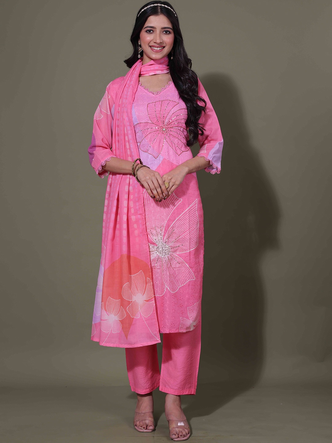 

LERIYU Floral Printed Sequinned Pure Cotton Straight Kurta With Trousers & Dupatta, Pink