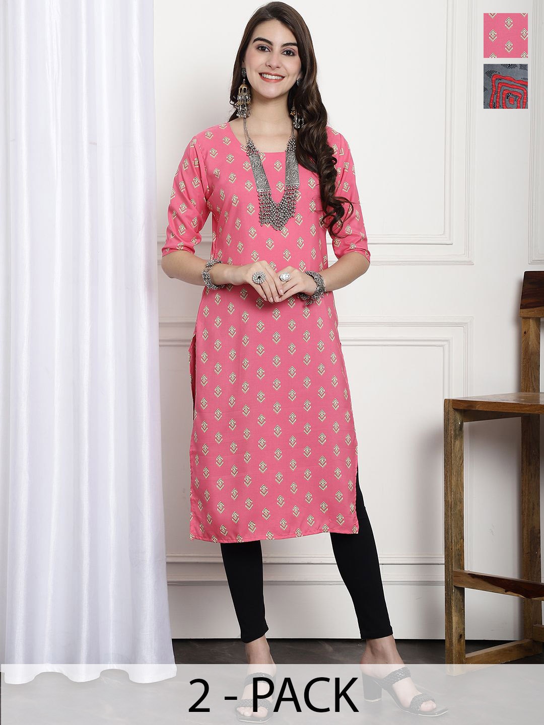 

7Threads Selection Of 2 Ethnic Motifs Printed Round Neck Straight Kurtas, Pink