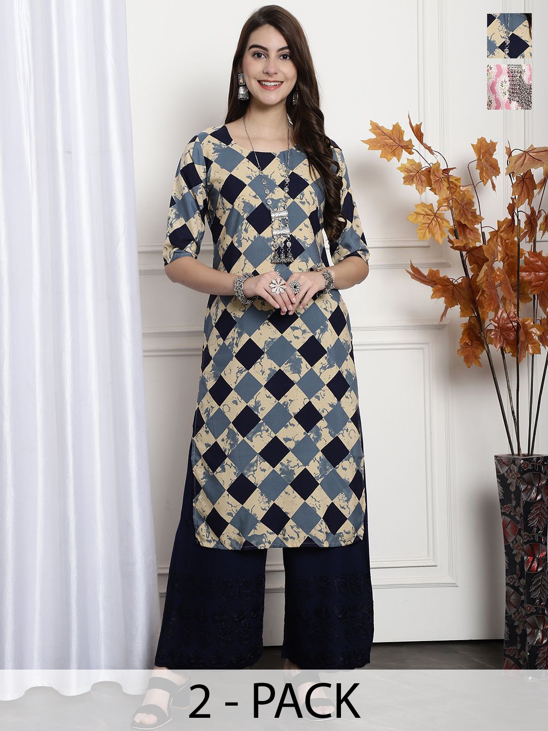 

7Threads Selection Of 2 Geometric Printed Round Neck Straight Kurtas, Beige