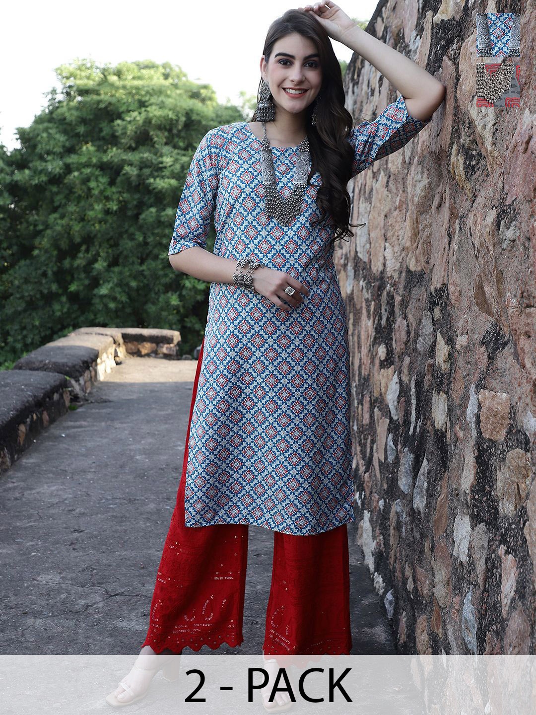 

7Threads Selection Of 2 Ethnic Motifs Printed Round Neck Straight Kurtas, Blue