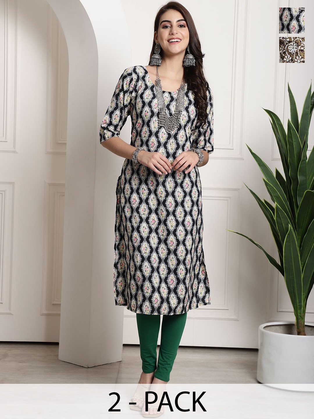 

7Threads Selection Of 2 Ethnic Motifs Printed Straight Kurtas, Black