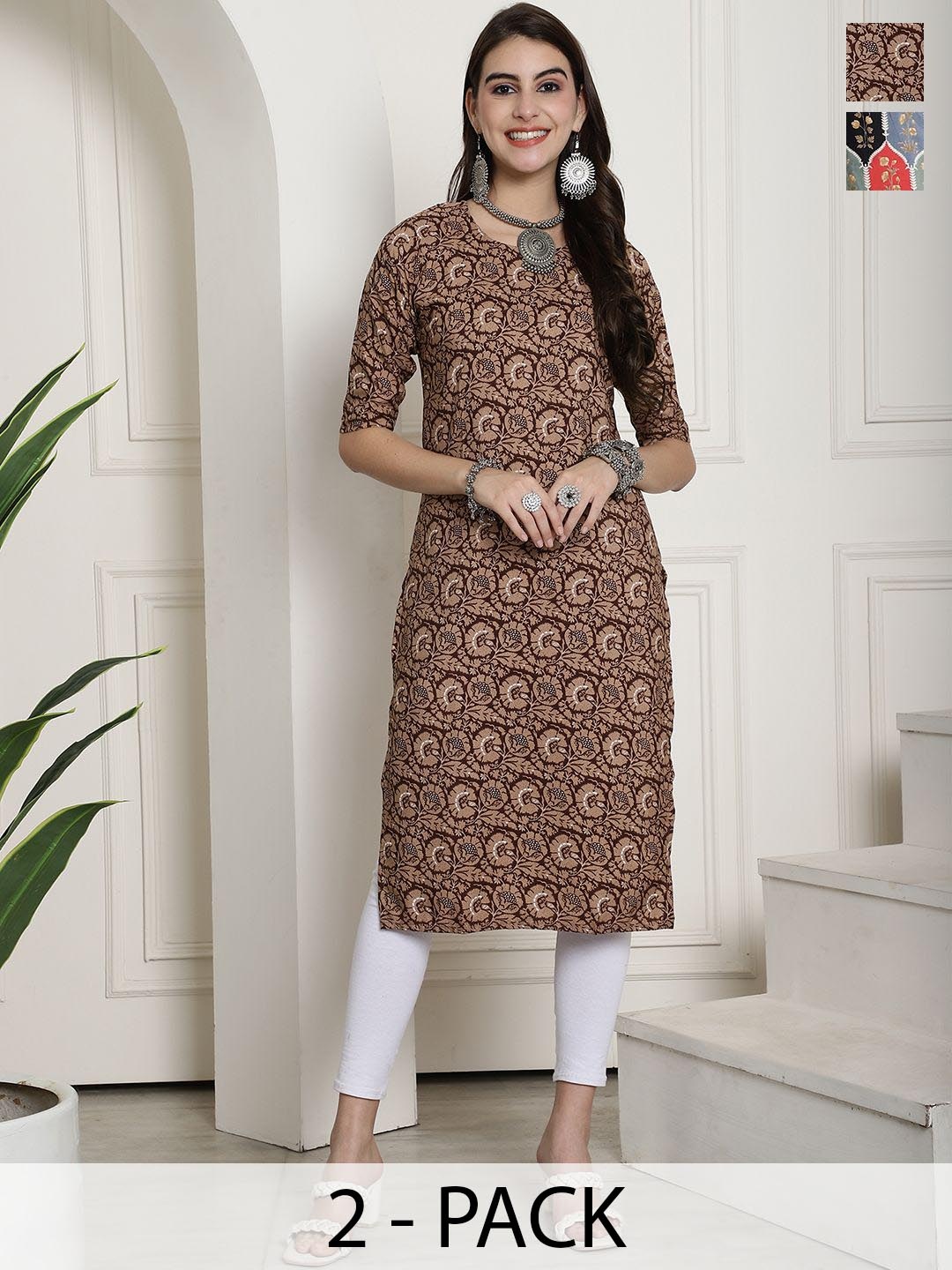 

7Threads Selection Of 2 Floral Printed Round Neck Straight Kurtas, Beige