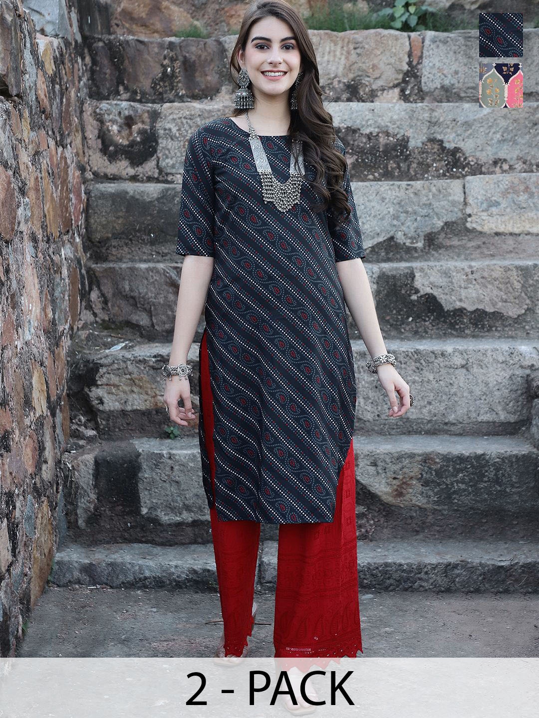 

7Threads Selection Of 2 Bandhani Printed Round Neck Straight Kurtas, Navy blue