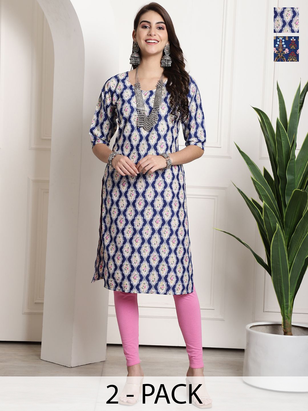 

7Threads Selection Of 2 Floral Printed Straight Kurta With Trousers, Navy blue