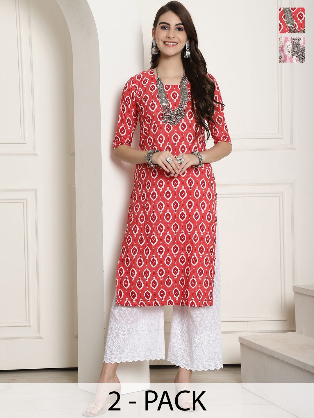 

7Threads Selection Of 2 Ethnic Motifs Printed Round Neck Straight Kurtas, Red