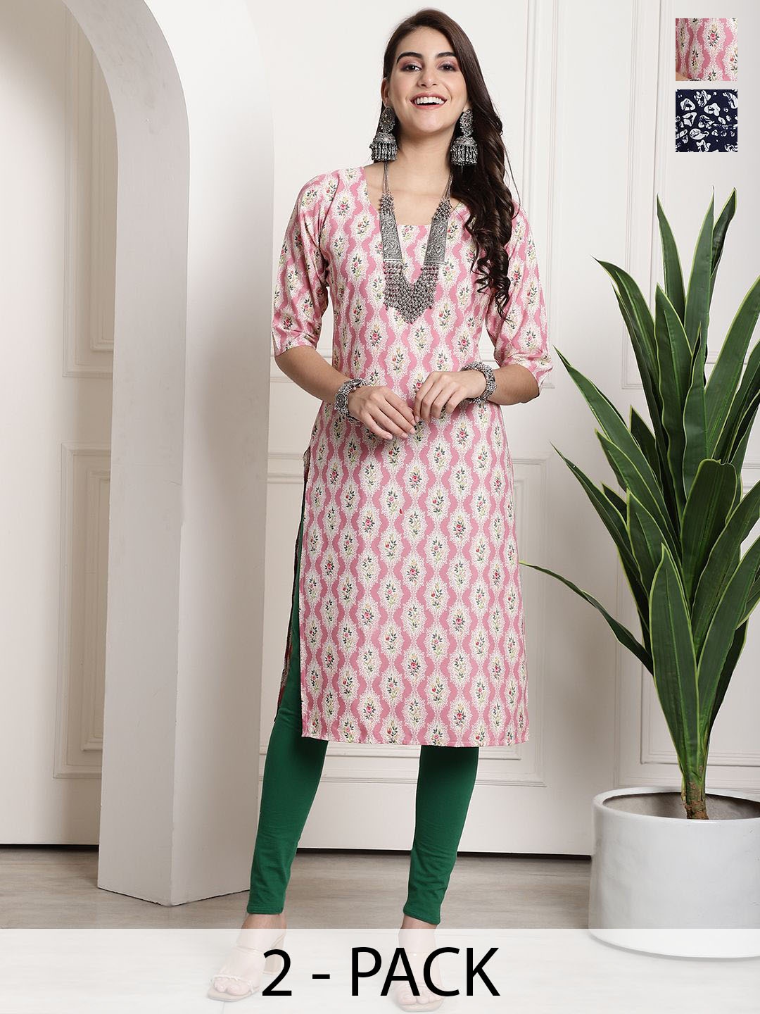 

7Threads Selection Of 2 Floral Printed Round Neck Straight Kurtas, Pink