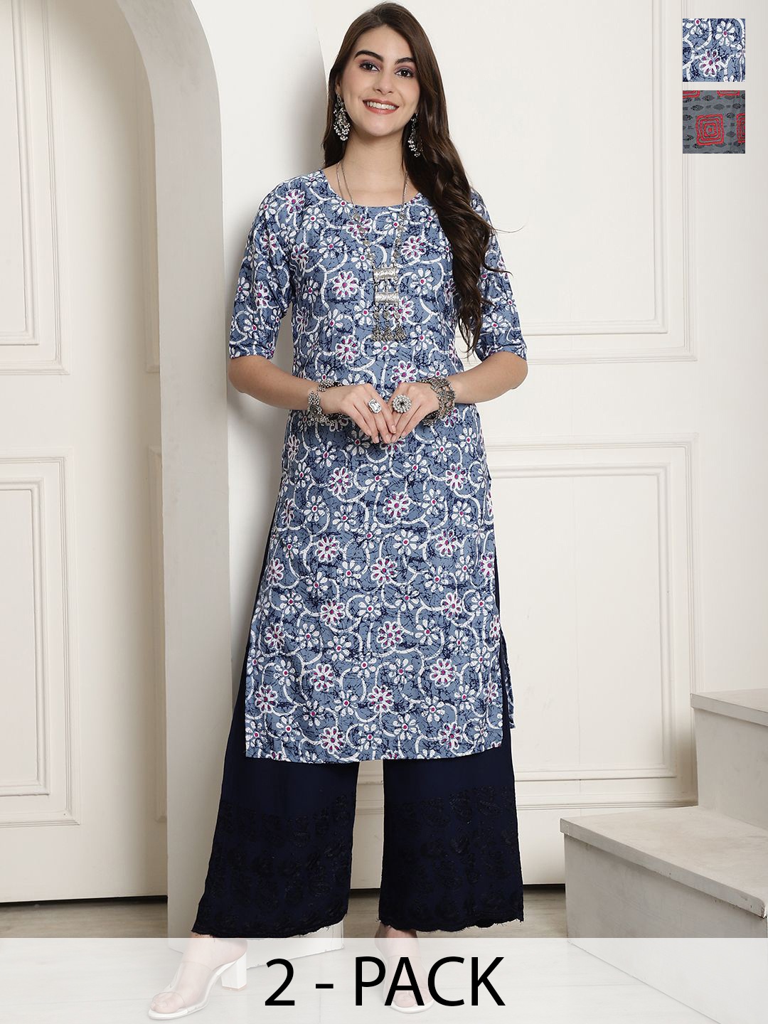 

7Threads Selection Of 2 Floral Printed Round Neck Straight Kurtas, Blue