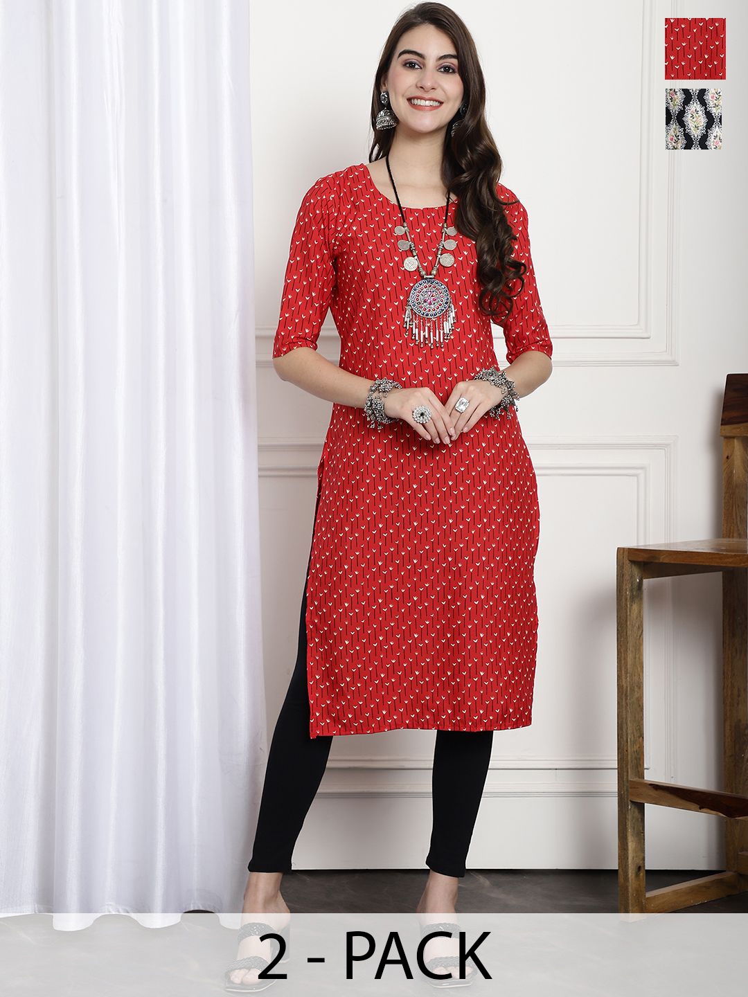 

7Threads Selection Of 2 Floral Printed Round Neck Kurtas, Red