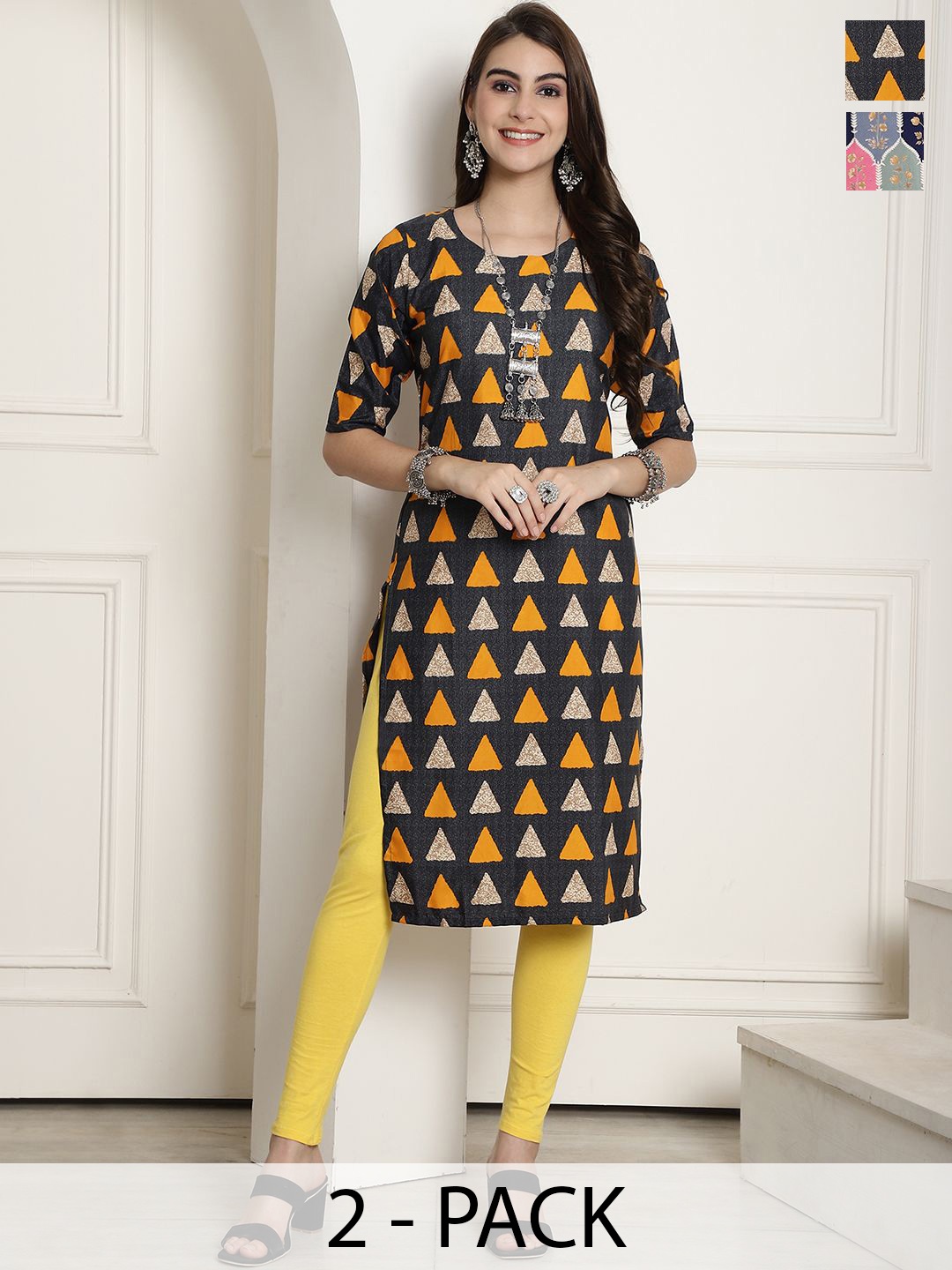 

7Threads Selection Of 2 Geometric Printed Round Neck Straight Kurtas, Black