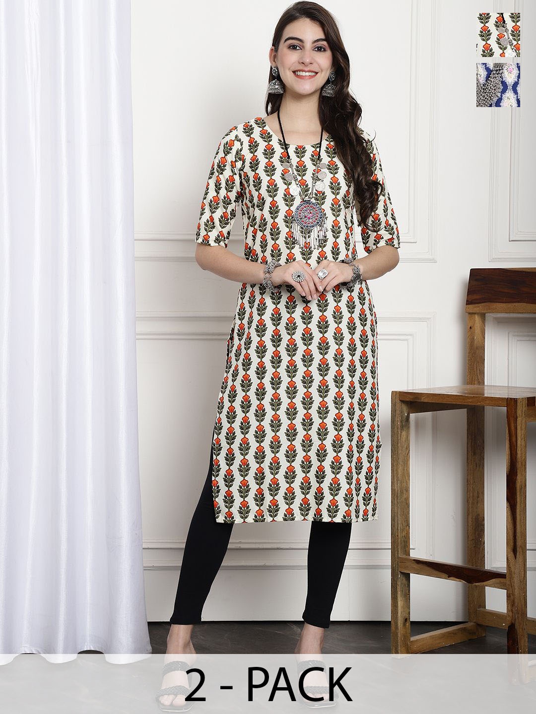 

7Threads Selection Of 2 Floral Printed Round Neck Straight Kurta, White