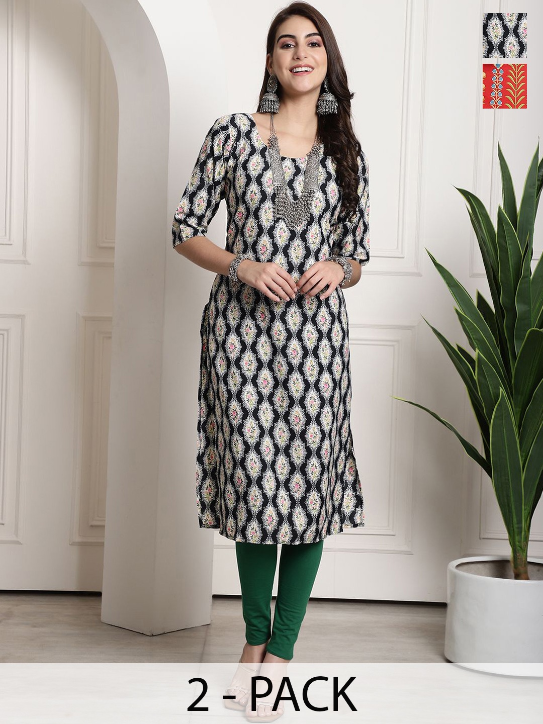 

7Threads Selection of 2 Floral Printed Round Neck Straight Kurtas, Navy blue