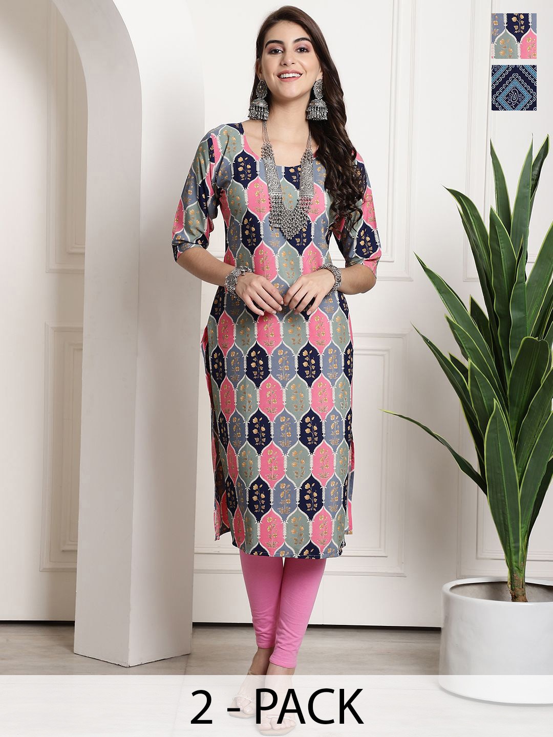 

7Threads Selection of 2 Floral Printed Round Neck Straight Kurtas, Pink