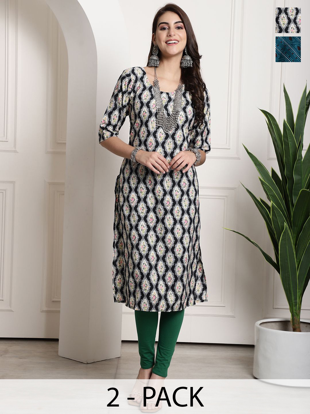 

7Threads Selection Of 2 Ethnic Motifs Printed Round Neck Straight Kurta, White