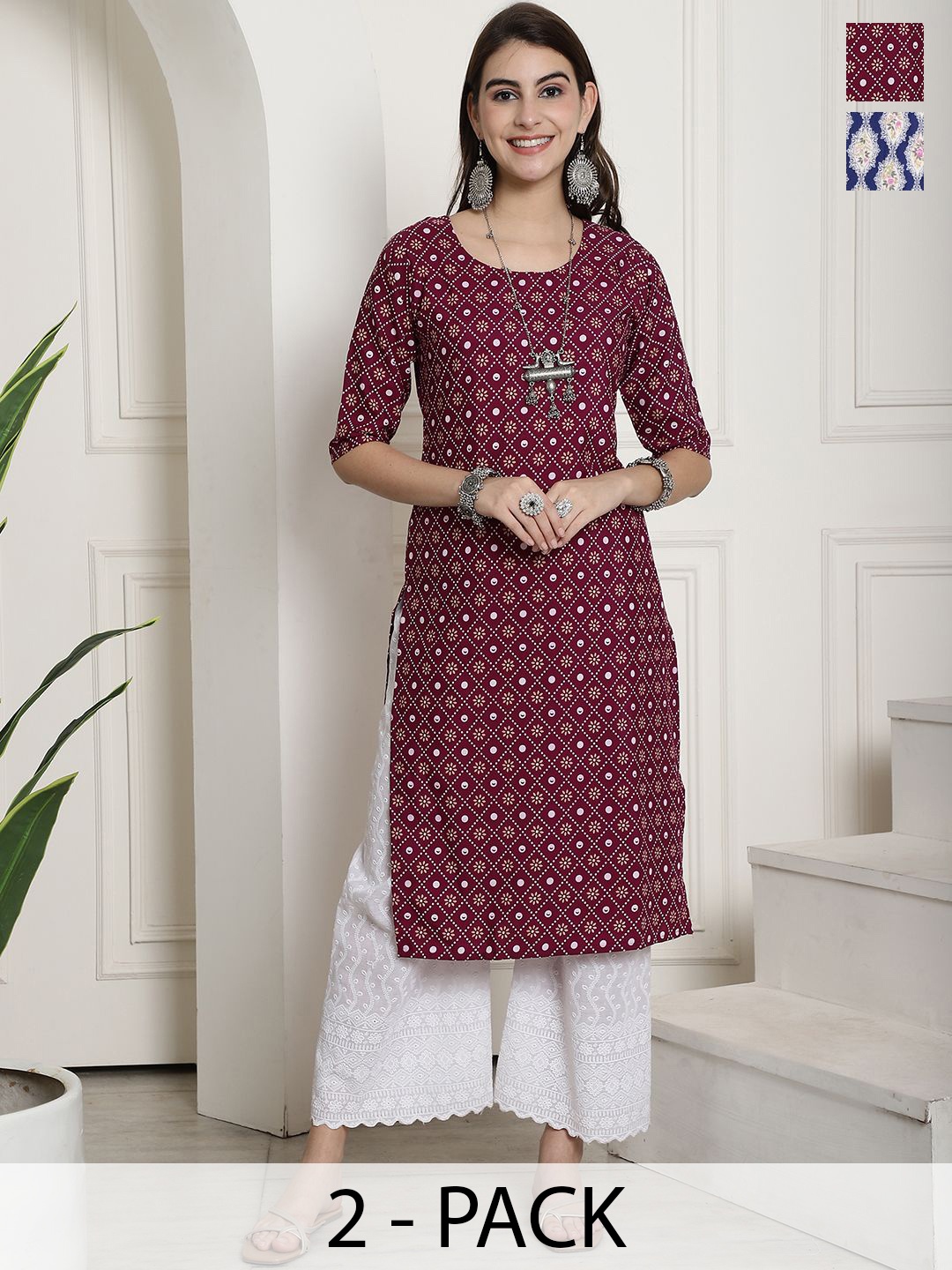 

7Threads Selection Of 2 Geometric Printed Round Neck Straight Kurtas, Red