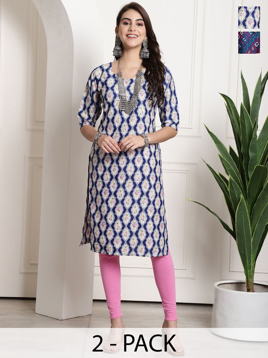 

7Threads Selection Of 2 Ethnic Motifs Printed Round Neck Straight Kurtas, Blue