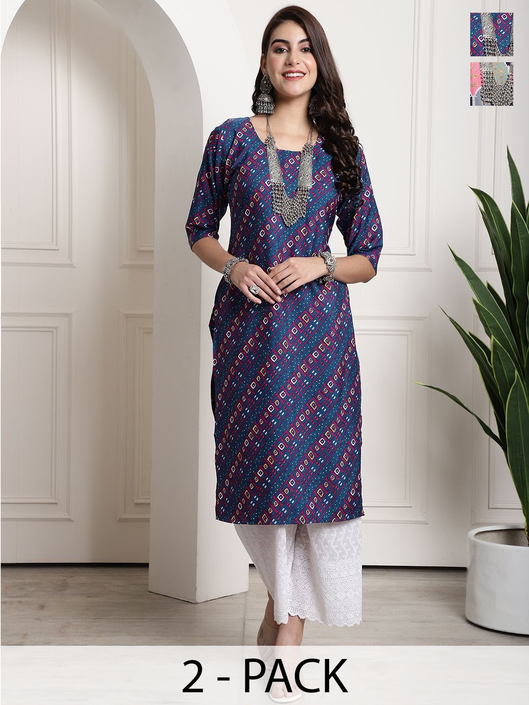 

7Threads Selection Of 2 Floral Printed Straight Kurtas, Blue