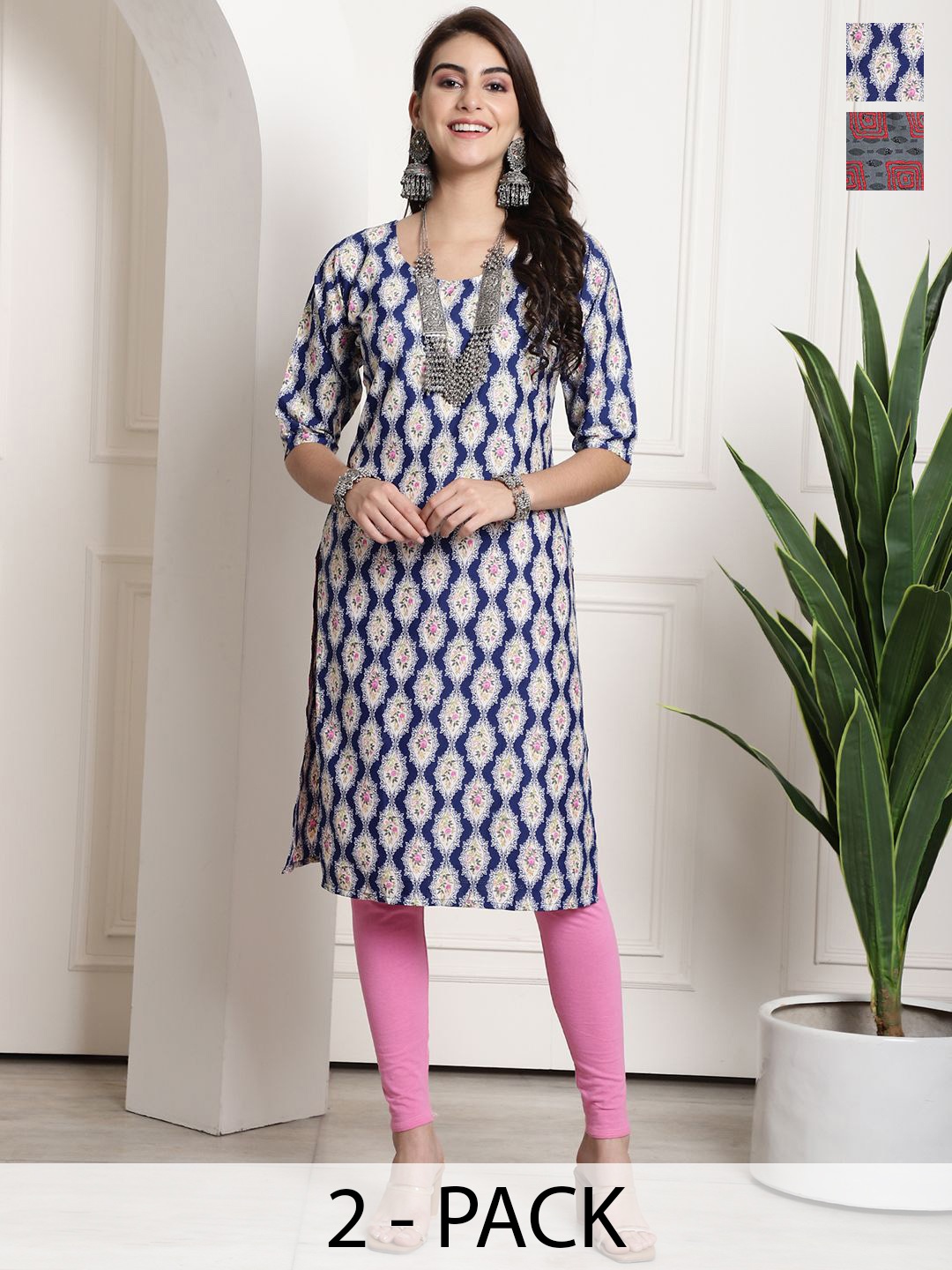 

7Threads Selection Of 2 Floral Printed Round Neck Straight Kurtas, Navy blue