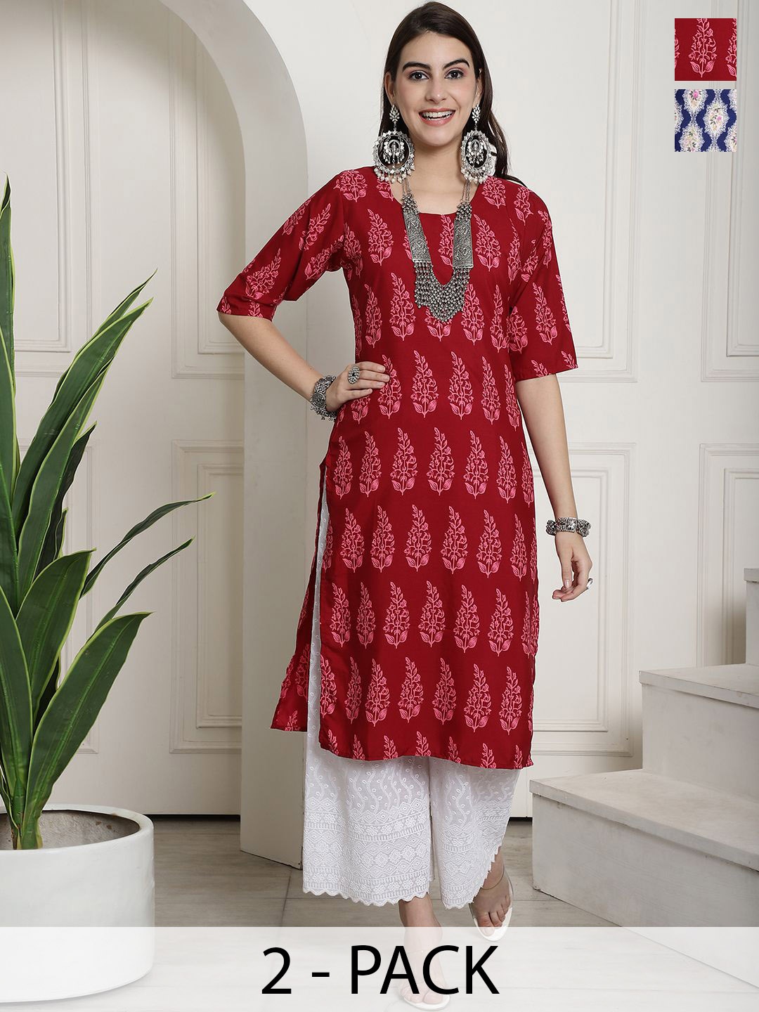 

7Threads Selection Of 2 Ethnic Motifs Printed Round Neck Straight Kurtas, Red