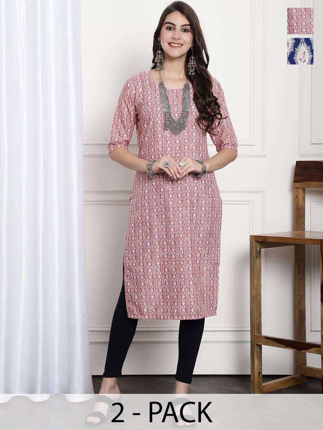 

7Threads Selection Of 2 Geometric Printed Round Neck Kurtas, Pink