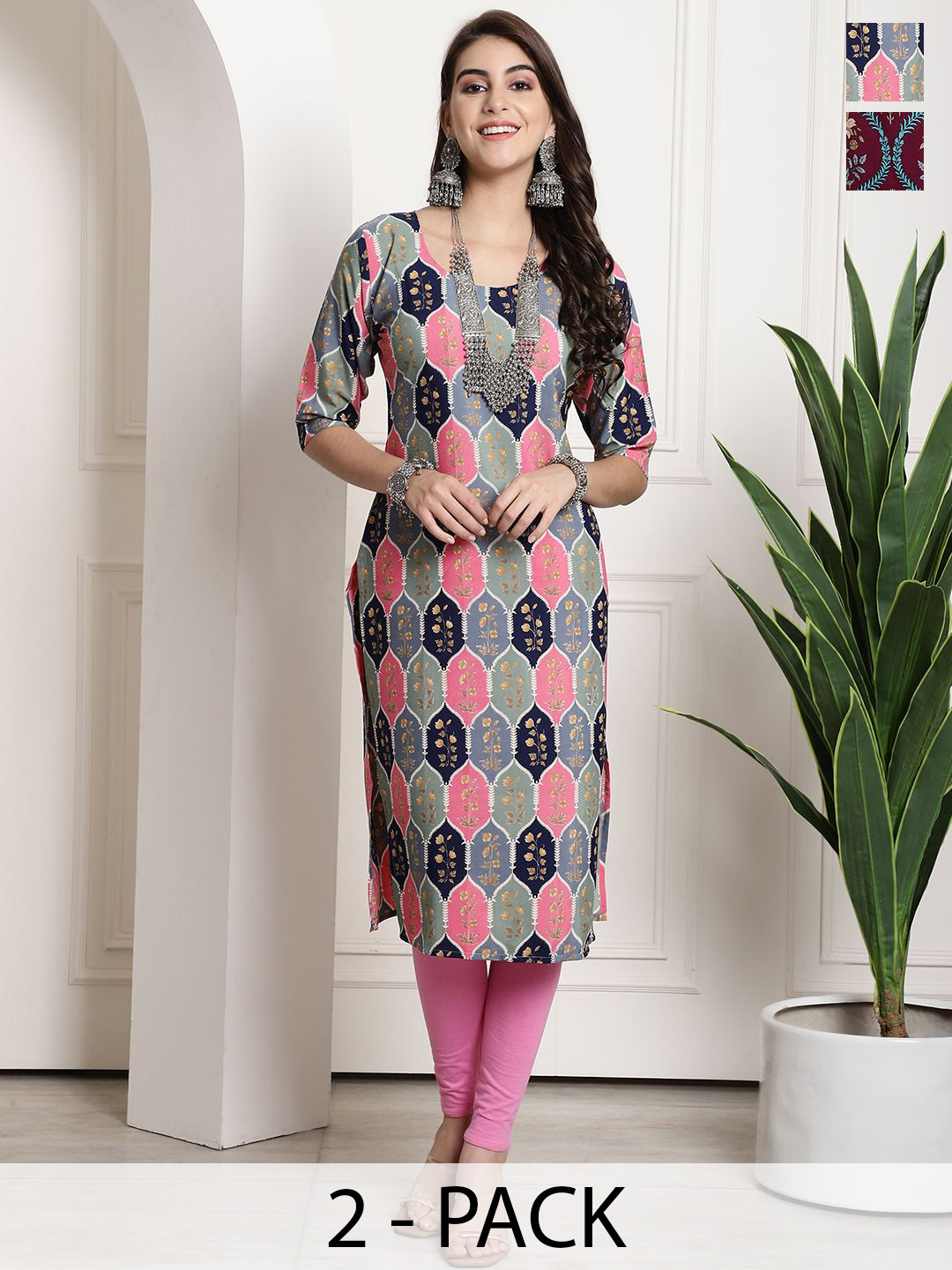 

7Threads Selection Of 2 Floral Printed Round Neck Straight Kurta, Pink