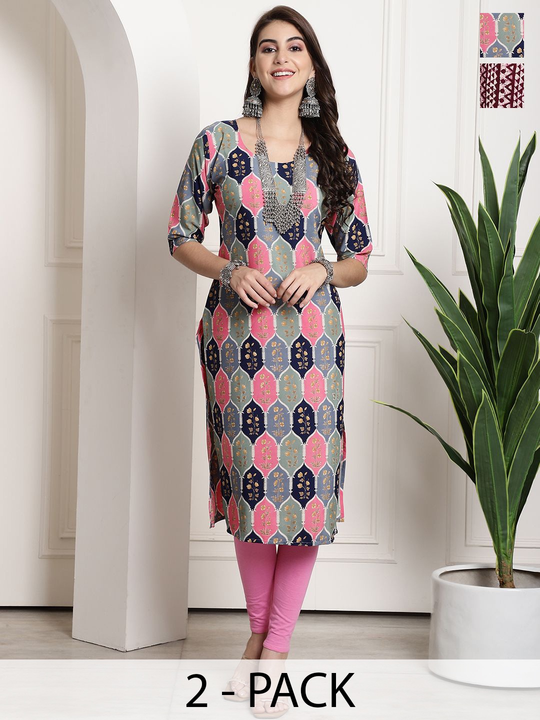 

7Threads Selection Of 2 Ethnic Motifs Printed Round Neck Straight Kurtas, Pink