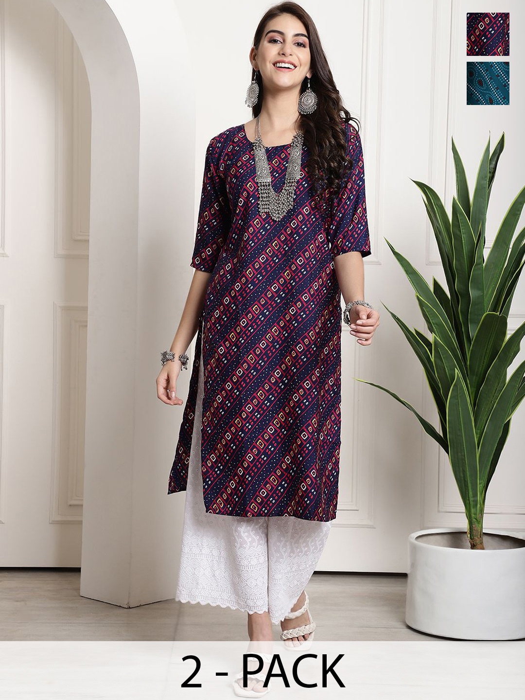 

7Threads Selection Of 2 Bandhani Printed Round Neck Straight Kurtas, Navy blue