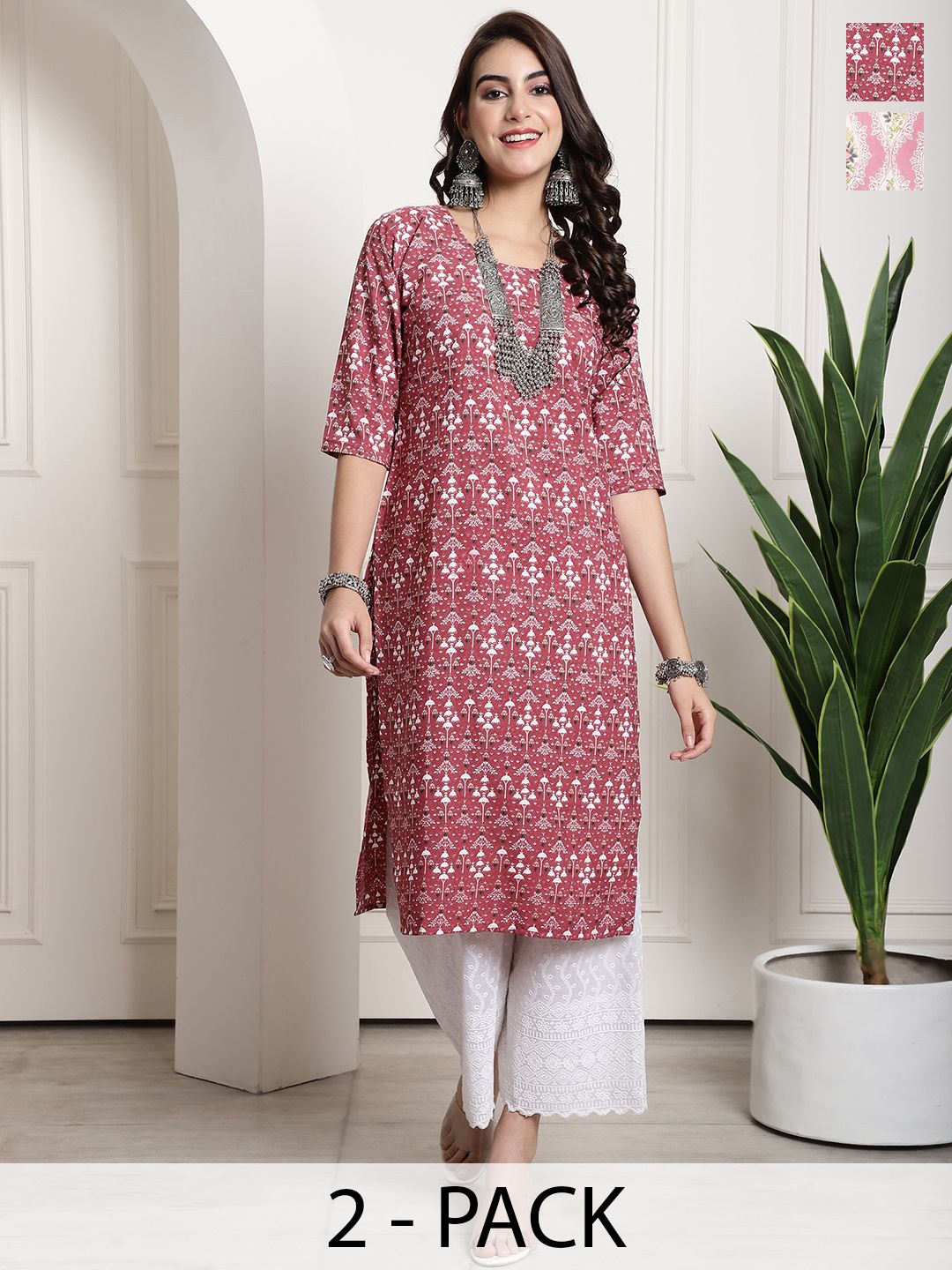 

7Threads Selection Of 2 Ethnic Motifs Printed Straight Kurta, Pink