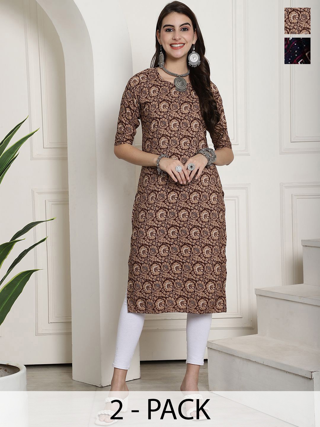 

7Threads Selection Of 2 Ethnic Motifs Printed Straight Kurta, Brown