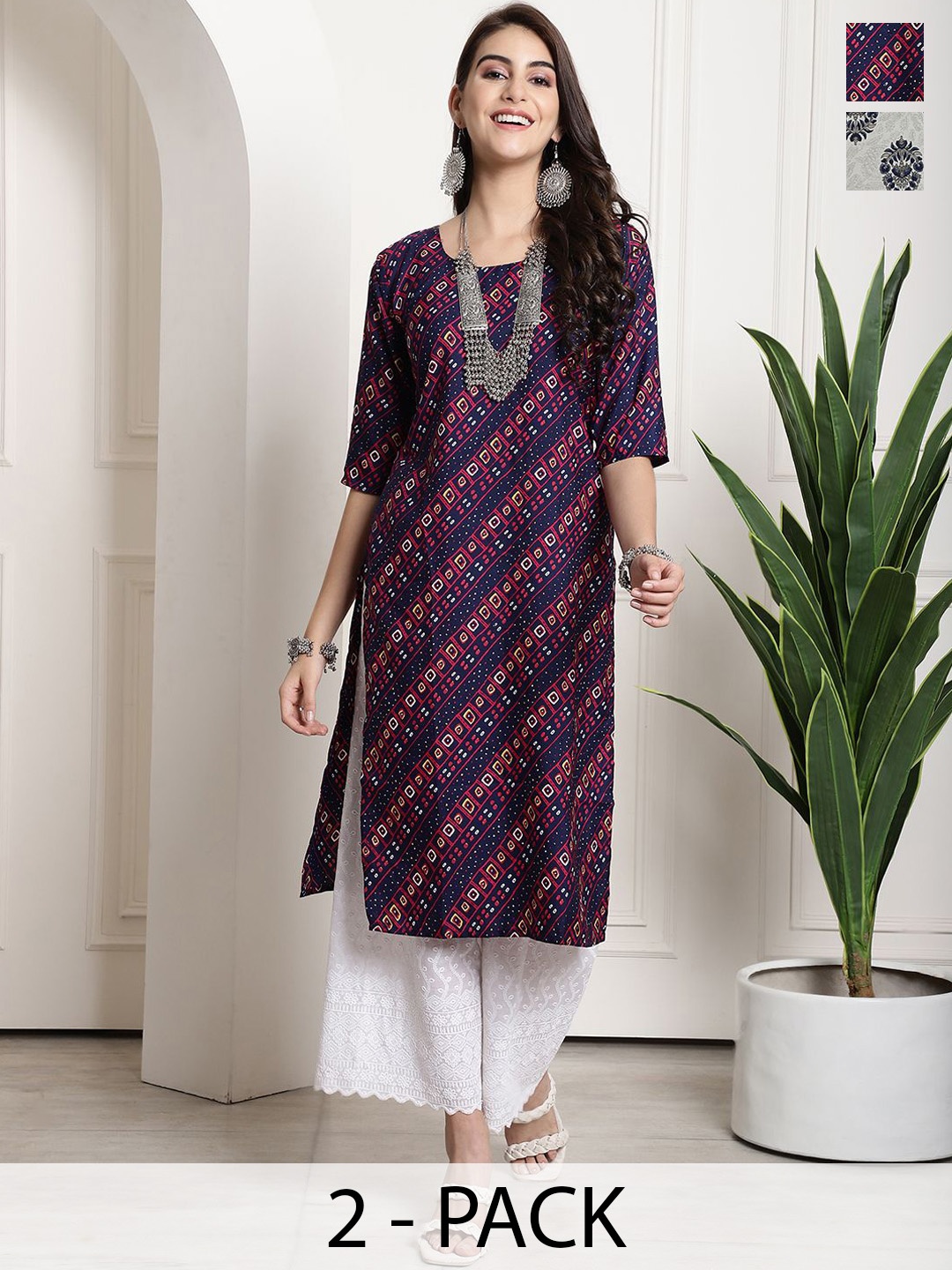 

7Threads Selection Of 2 Ethnic Motifs Printed Round Neck Straight Kurta, Purple