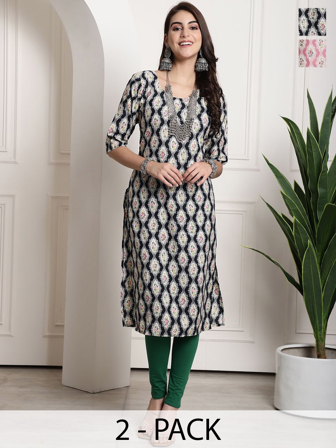 

7Threads Selection Of 2 Ethnic Motifs Printed Straight Kurtas, Black