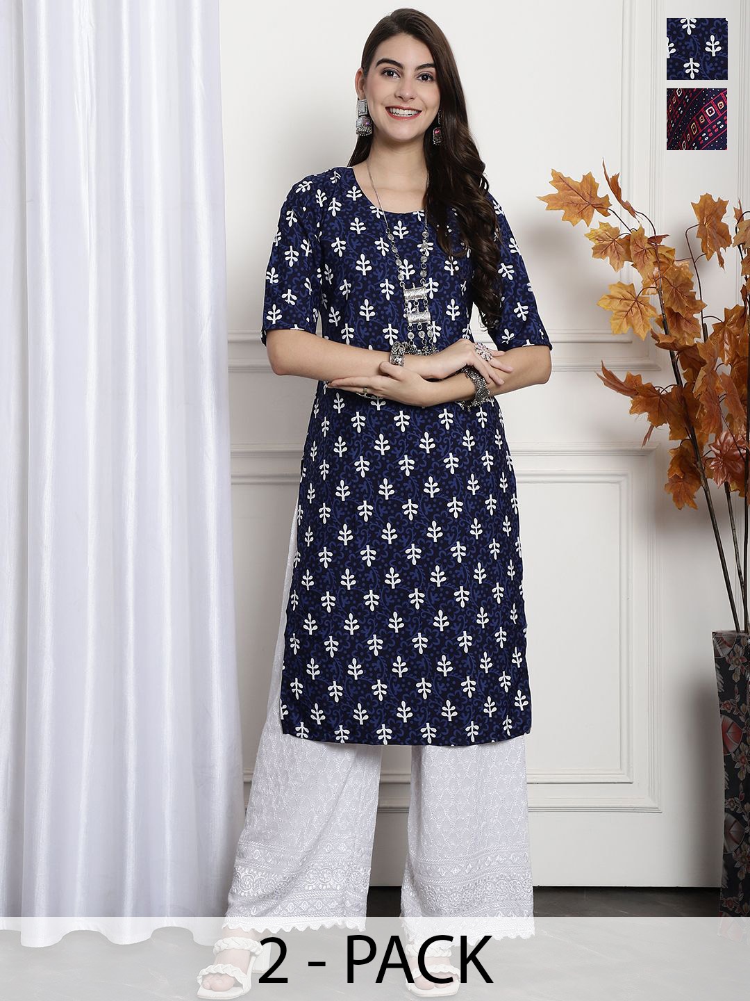 

7Threads Selection Of 2 Floral Printed Round Neck Straight Kurtas, Black