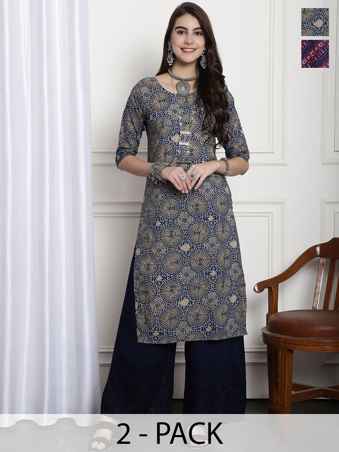 

7Threads Selection Of 2 Ethnic Motifs Printed Round Neck Straight Kurtas, Navy blue