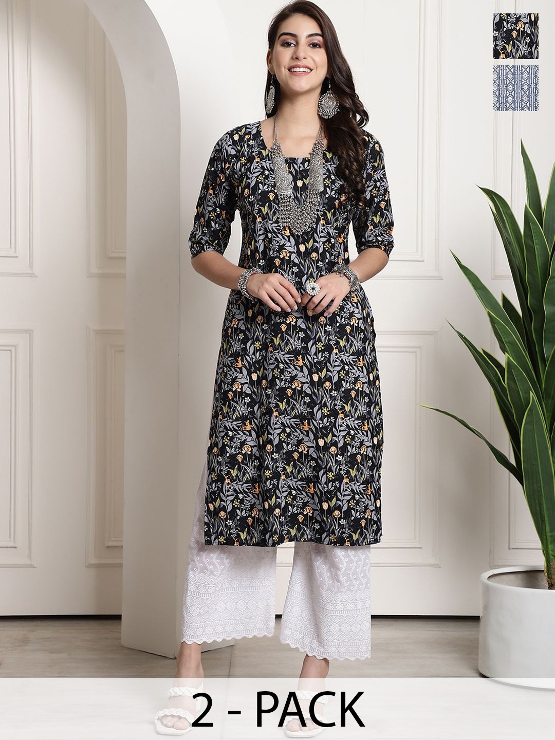 

7Threads Selection Of 2 Floral Printed Round Neck Straight Kurtas, Black