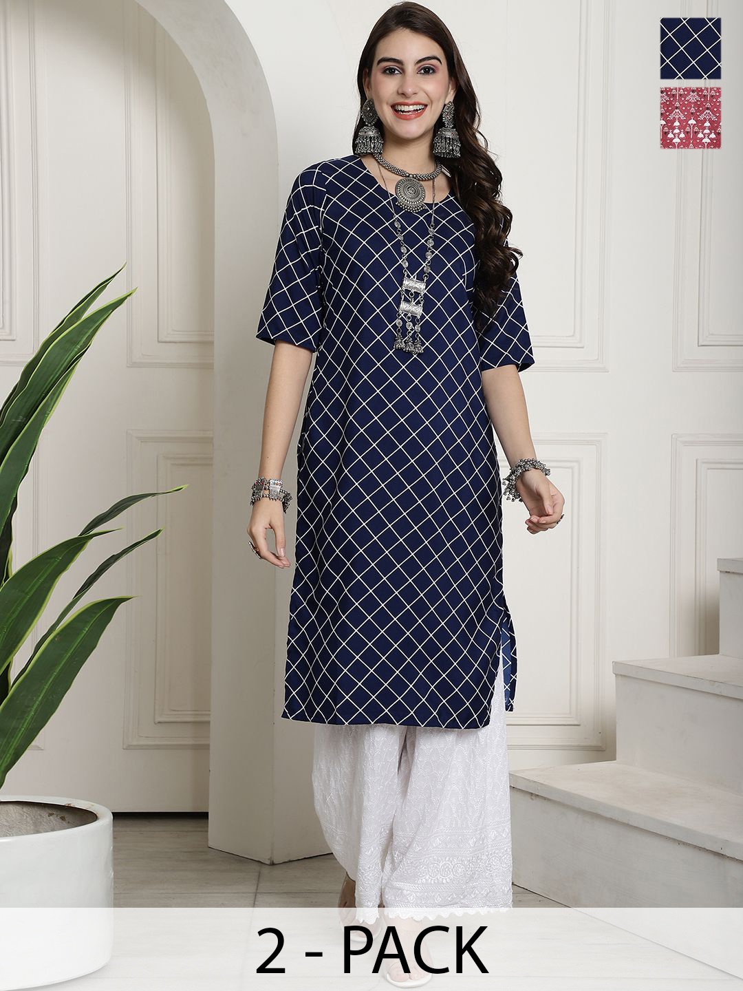 

7Threads Selection Of 2 Geometric Printed Round Neck Straight Kurta, Navy blue