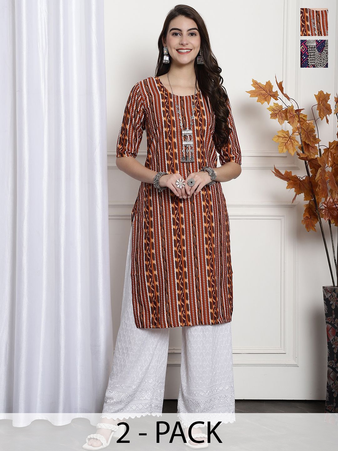 

7Threads Selection Of 2 Ethnic Motifs Printed Round Neck Straight Kurtas, Brown