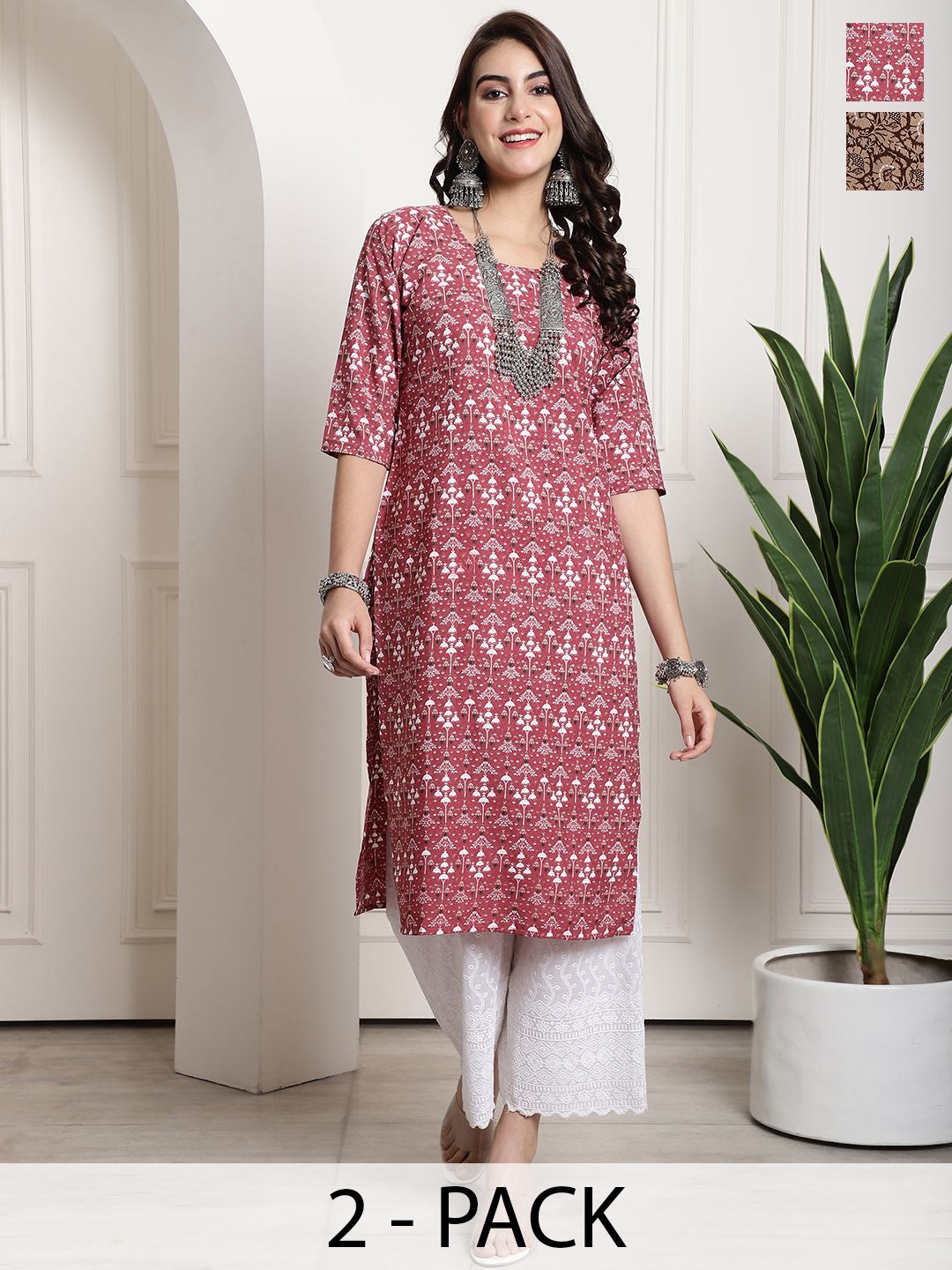 

7Threads Selection Of 2 Ethnic Motifs Printed Round Neck Straight Kurtas, Red