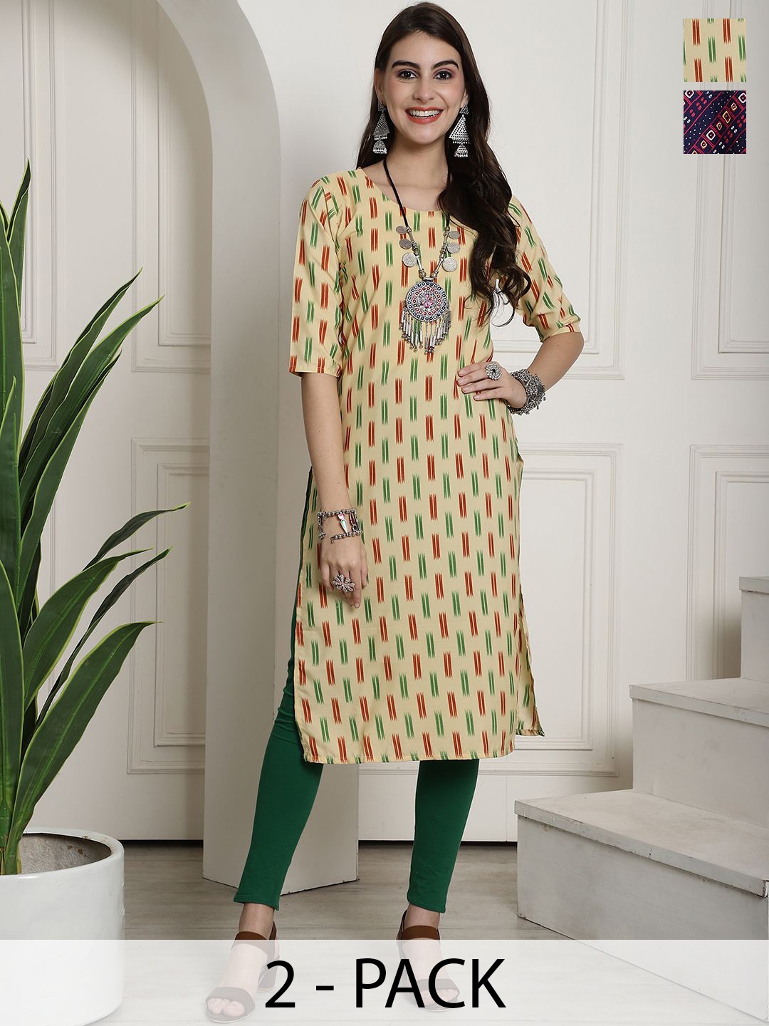 

7Threads Selection Of 2 Geometric Printed Round Neck Straight Kurta, Yellow