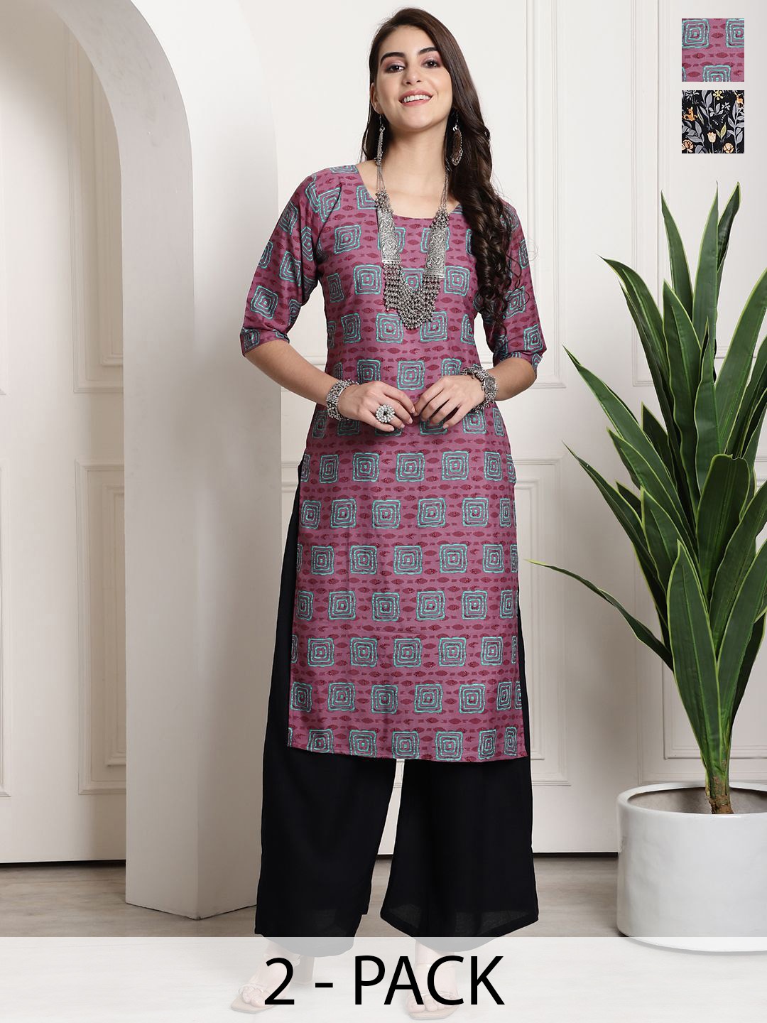 

7Threads Selection Of 2 Geometric Printed Round Neck Straight Kurtas, Pink