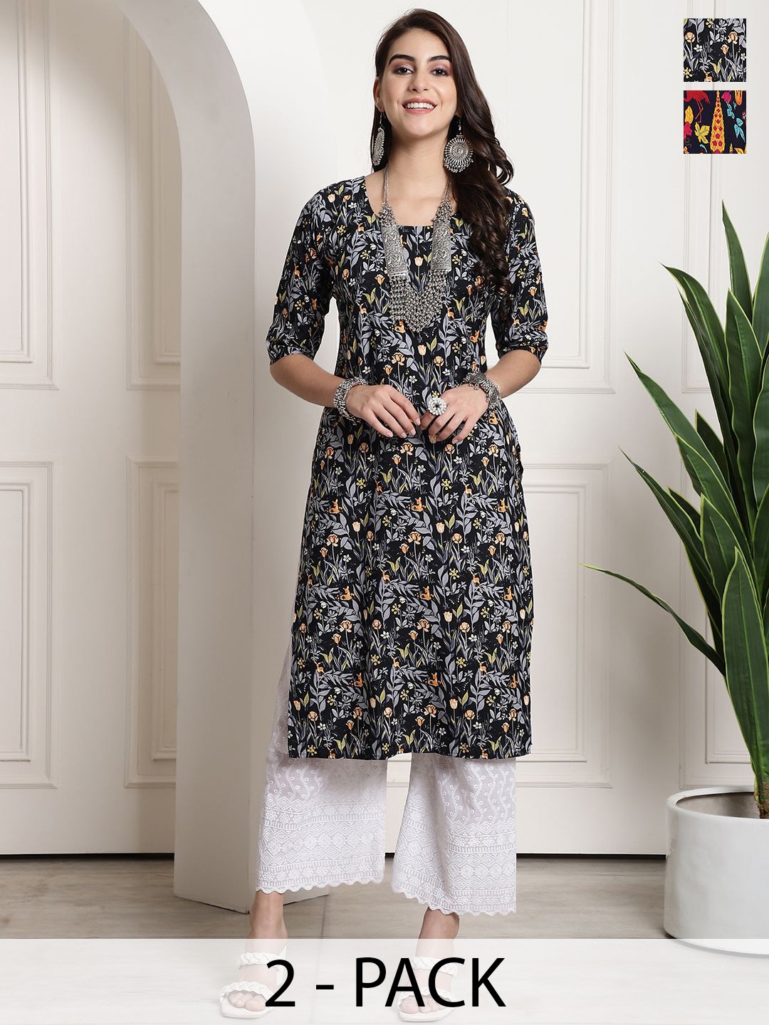 

7Threads Selection Of 2 Floral Printed Round Neck Straight Kurtas, Grey