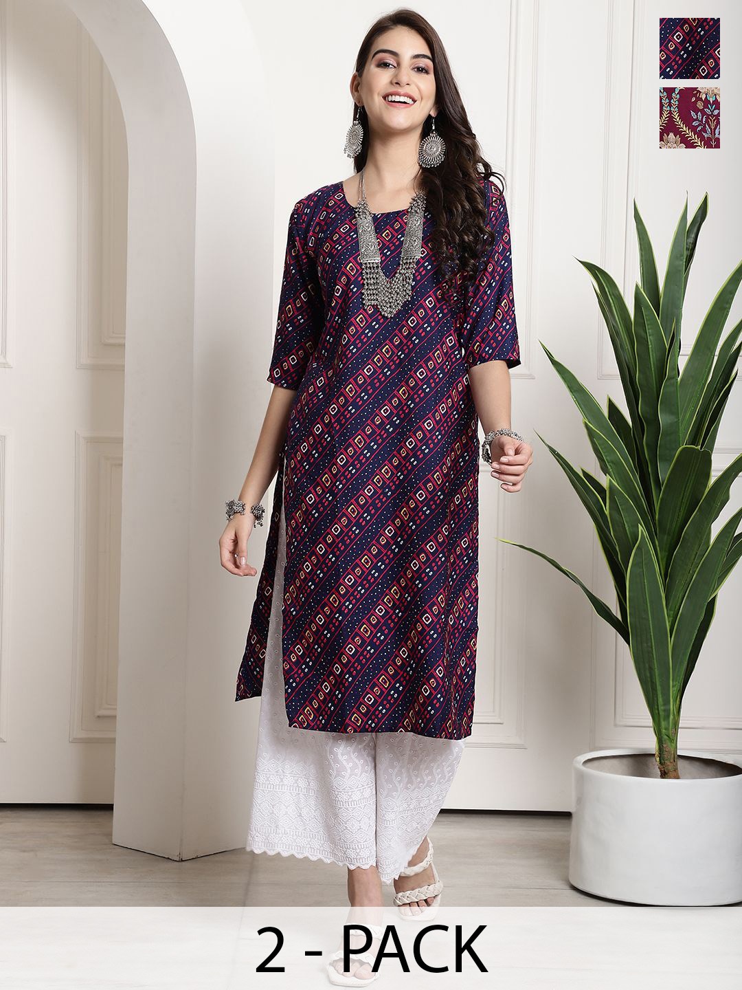 

7Threads Selection Of 2 Bandhani Printed Round Neck Straight Kurtas, Navy blue