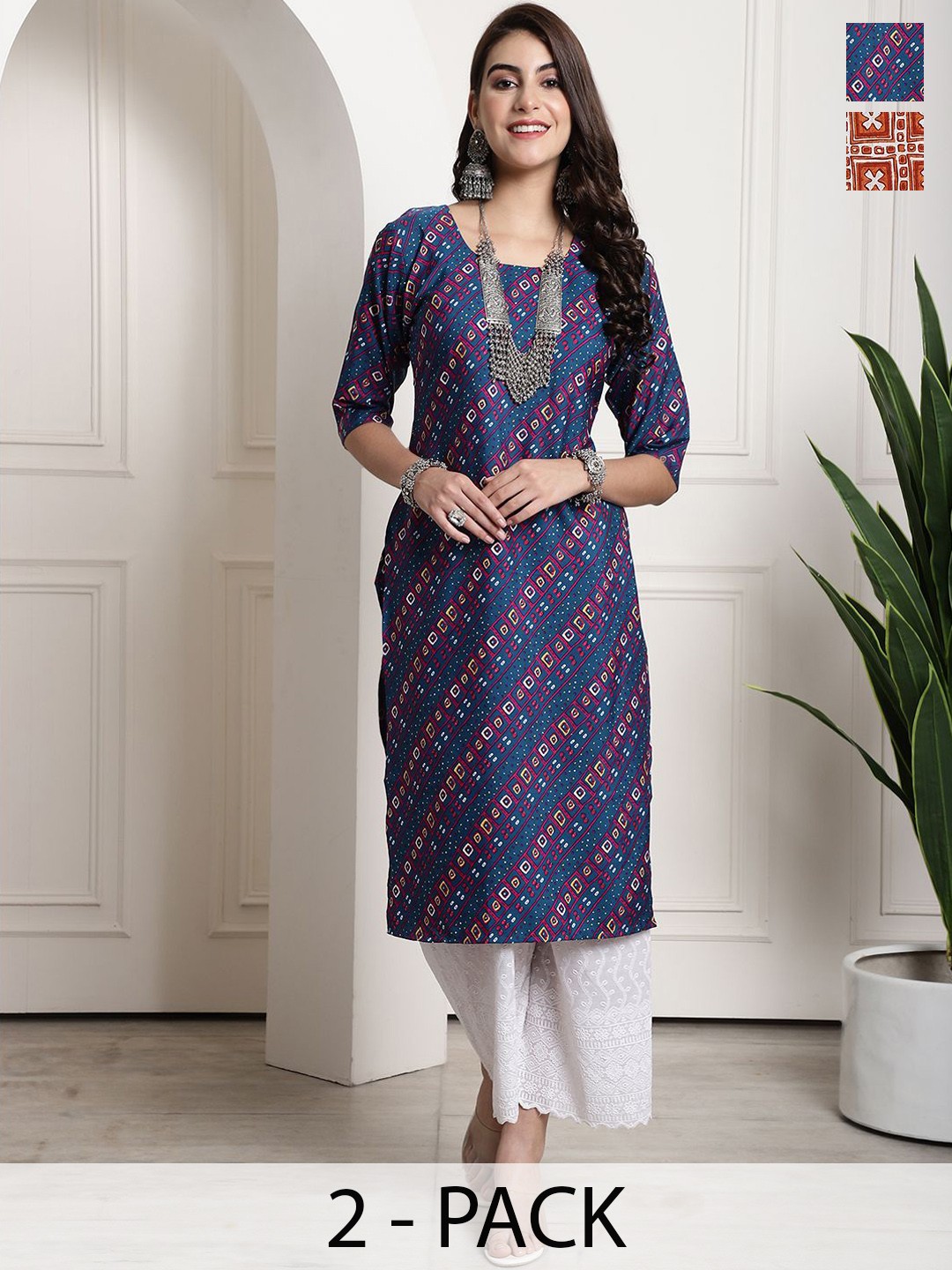 

7Threads Selection Of 2 Ethnic Motifs Printed Straight Kurtas, Blue