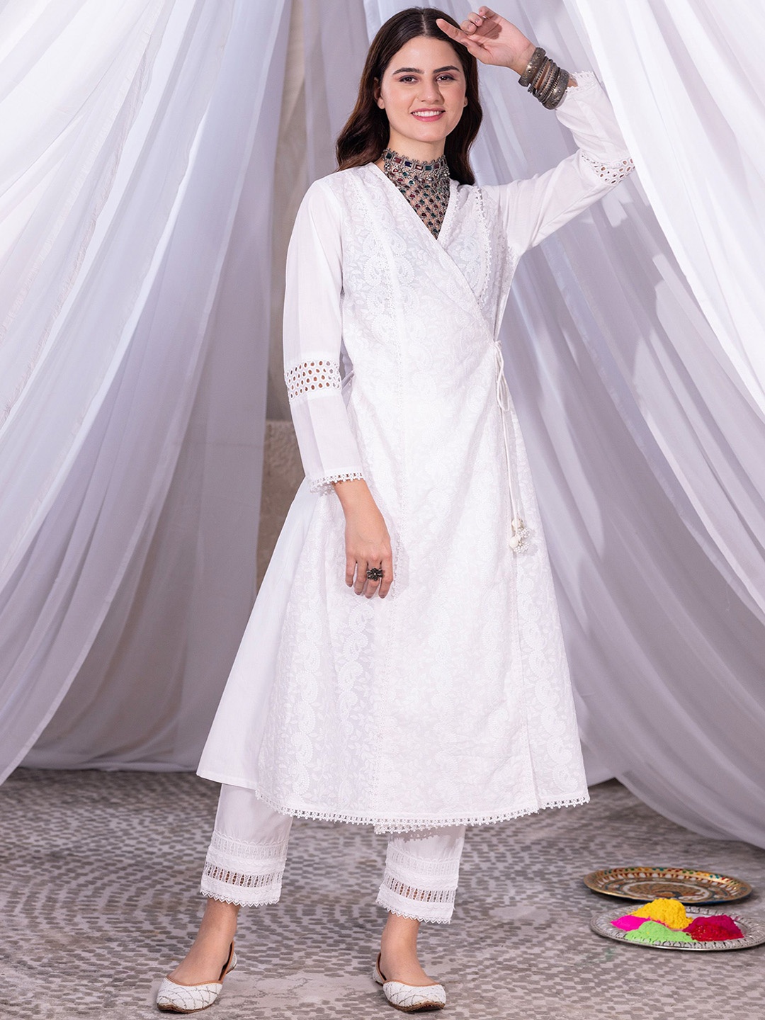 

SEW Ethnic Motifs Printed Angrakha V-Neck Anarkali Kurta with Trousers And Dupatta, White