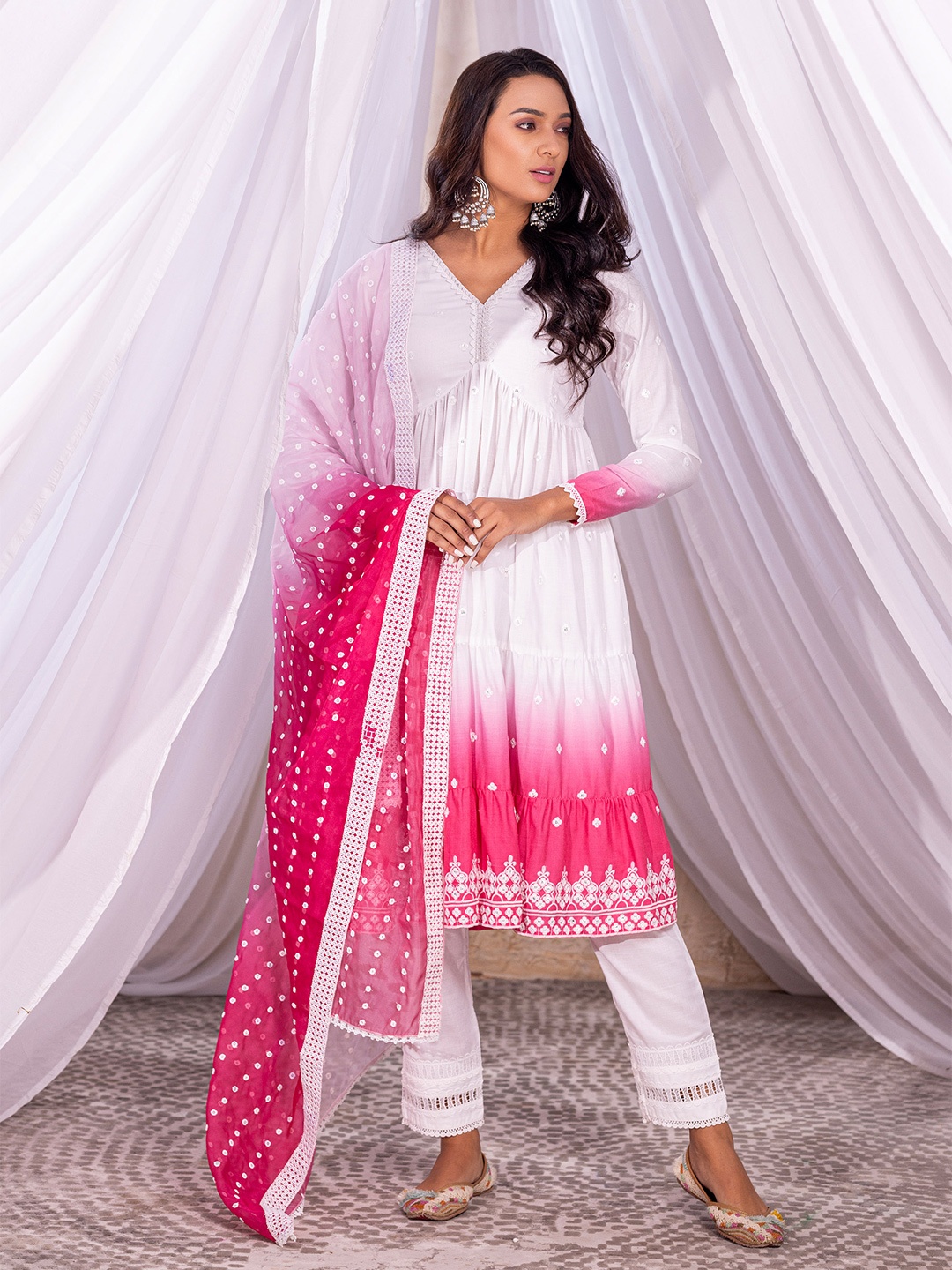 

SEW Ombre Printed Sequinned Empire Pure Cotton Anarkali Kurta With Trousers & Dupatta, White