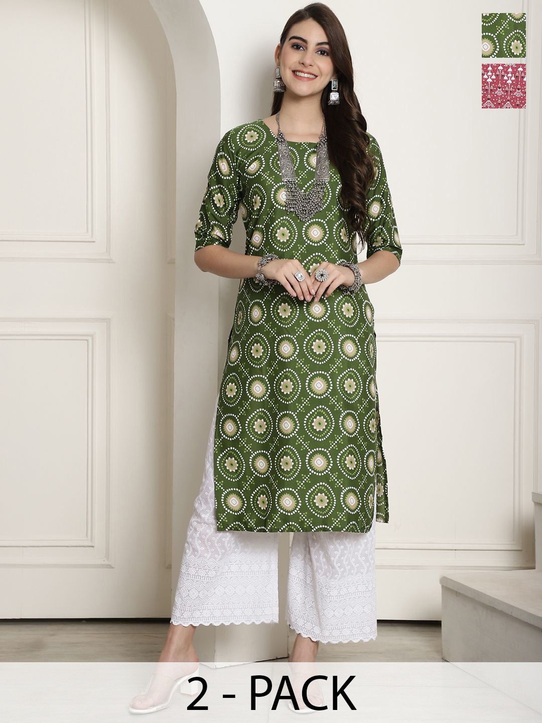 

7Threads Selection of 2 Ethnic Motifs Printed Straight Kurta, Green