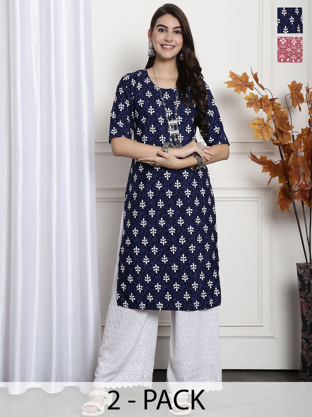 

7Threads Selection of 2 Floral Printed Round Neck Straight Kurtas, Navy blue
