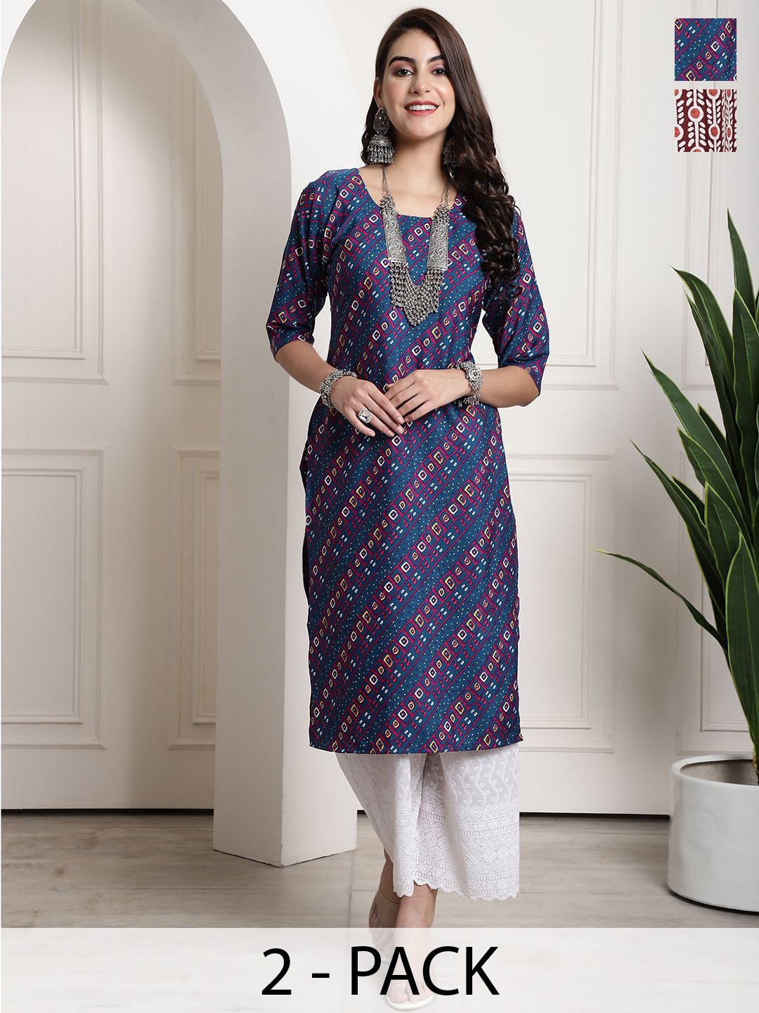 

7Threads Selection Of 2 Geometric Printed Round Neck Straight Kurtas, Blue