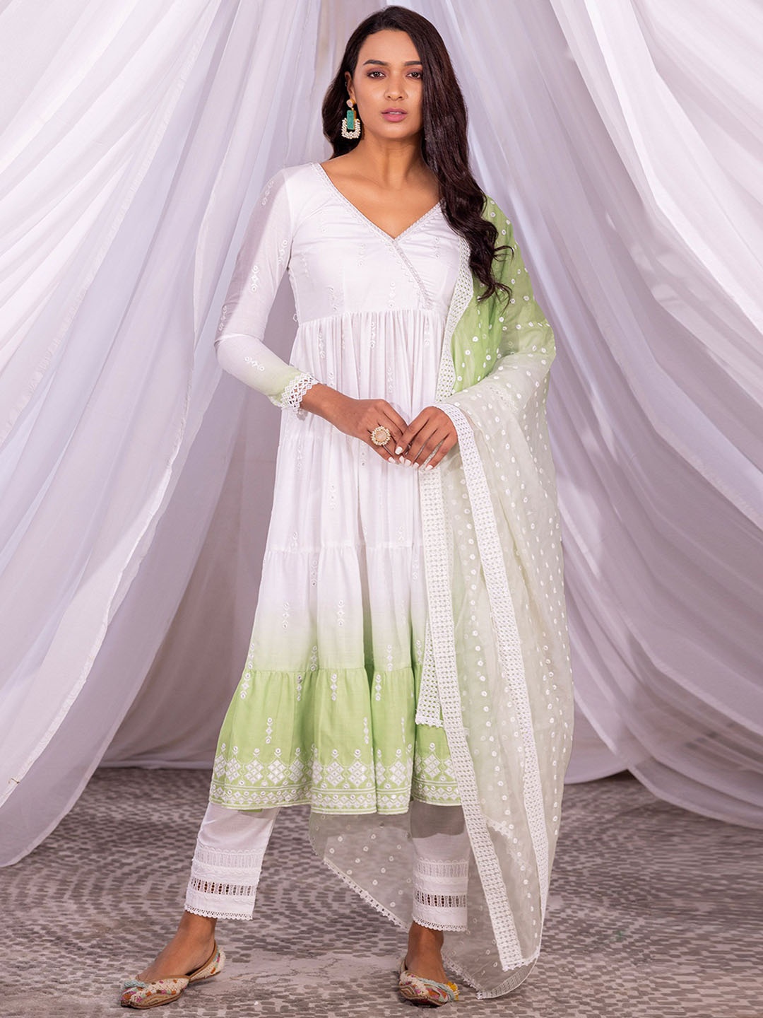 

SEW Ombre Embroidered Thread Work Pure Cotton Anarkali Kurta with Trousers & Dupatta, Green