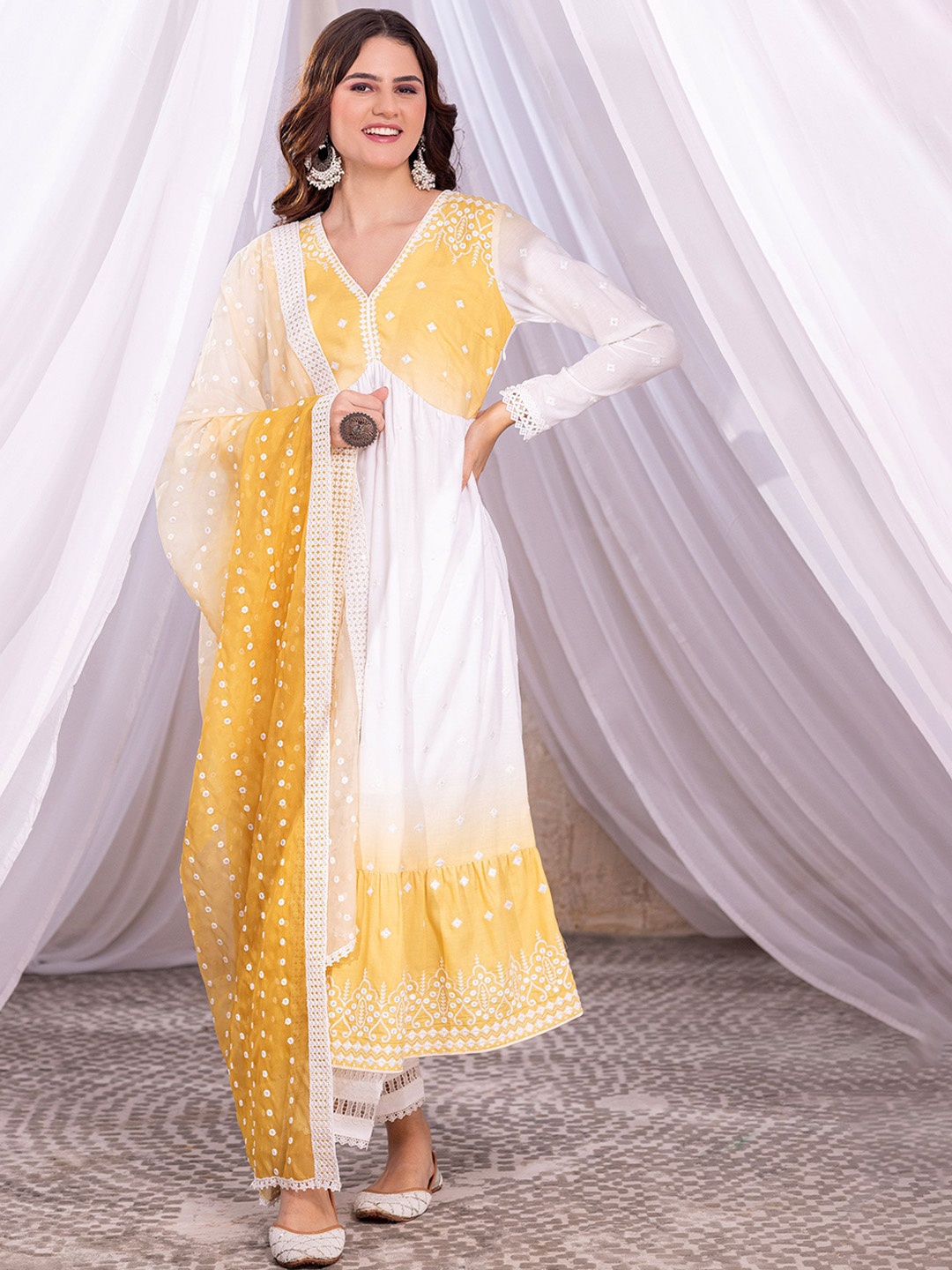 

SEW Ombre Embroidered Thread Work Pure Cotton Anarkali Kurta with Trousers & Dupatta, Yellow