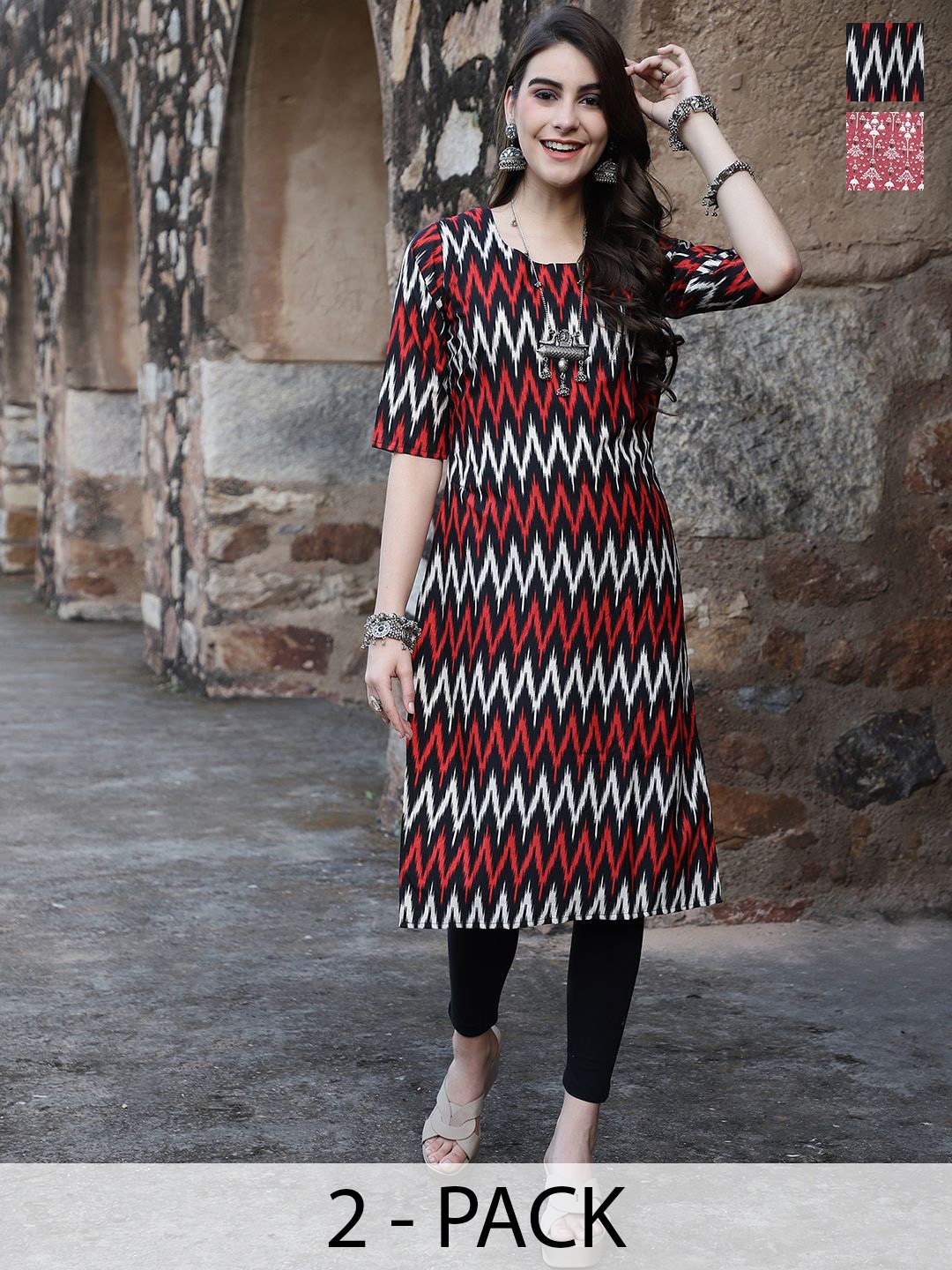 

7Threads Selection Of 2 Chevron Printed Straight Kurtas, Black